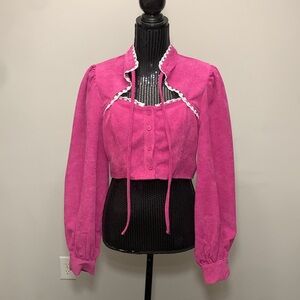 MOD Frill Trim Tie Neck Cut Out Cord Crop Blouse